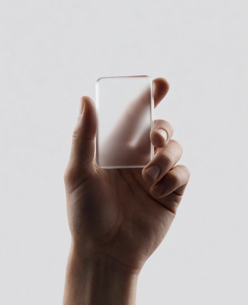 A close-up minimalist image shows a human hand holding a small translucent rectangular panel with rounded corners against a plain light gray background, like a sample of frosted glass or a blank interface card suspended between the fingers. photorealistic studio photography, minimalist product shot, macro close-up, contemporary commercial aesthetic, clean design language, soft luxury, calm, sterile, precise, low visual clutter, high detail on skin texture, subtle depth, adjacent to Apple-style product imagery, Dieter Rams sensibility, Hiroshi Sugimoto-like restraint, pale neutral palette, light gray, warm beige skin tones, soft white highlights, gentle shadows, high-key exposure, moderate contrast, diffused directional lighting from upper left, crisp focus, shallow-to-moderate depth of field, no visible grain, no text, no watermark, no obvious lens distortion. The hand rises from the bottom center of the frame and occupies most of the lower half, angled slightly from lower left to upper right. The wrist enters from the bottom edge, leading to the palm, which faces partly toward the viewer. The thumb stands vertically along the left side of the translucent object, its pad pressing lightly near the object’s lower left quadrant; the thumbnail is visible near the upper left of the hand. The index finger curves behind and around the right side of the object, with its fingertip peeking out on the far right just below the object’s midpoint. Below that, the middle finger arches inward from the lower right, its rounded fingertip and nail visible beneath the object’s bottom right corner. The ring and little fingers curl more tightly into the palm in the lower right area, partially shadowed. Centered slightly above the middle of the image, the rectangular panel is held upright in portrait orientation; it is semi-opaque, frosted, and softly reflective, with a faint gradient and a delicate edge highlight tracing its rounded top corners. The background is completely uncluttered, a smooth pale gray field with a very subtle tonal falloff, emphasizing the object and the hand alone.