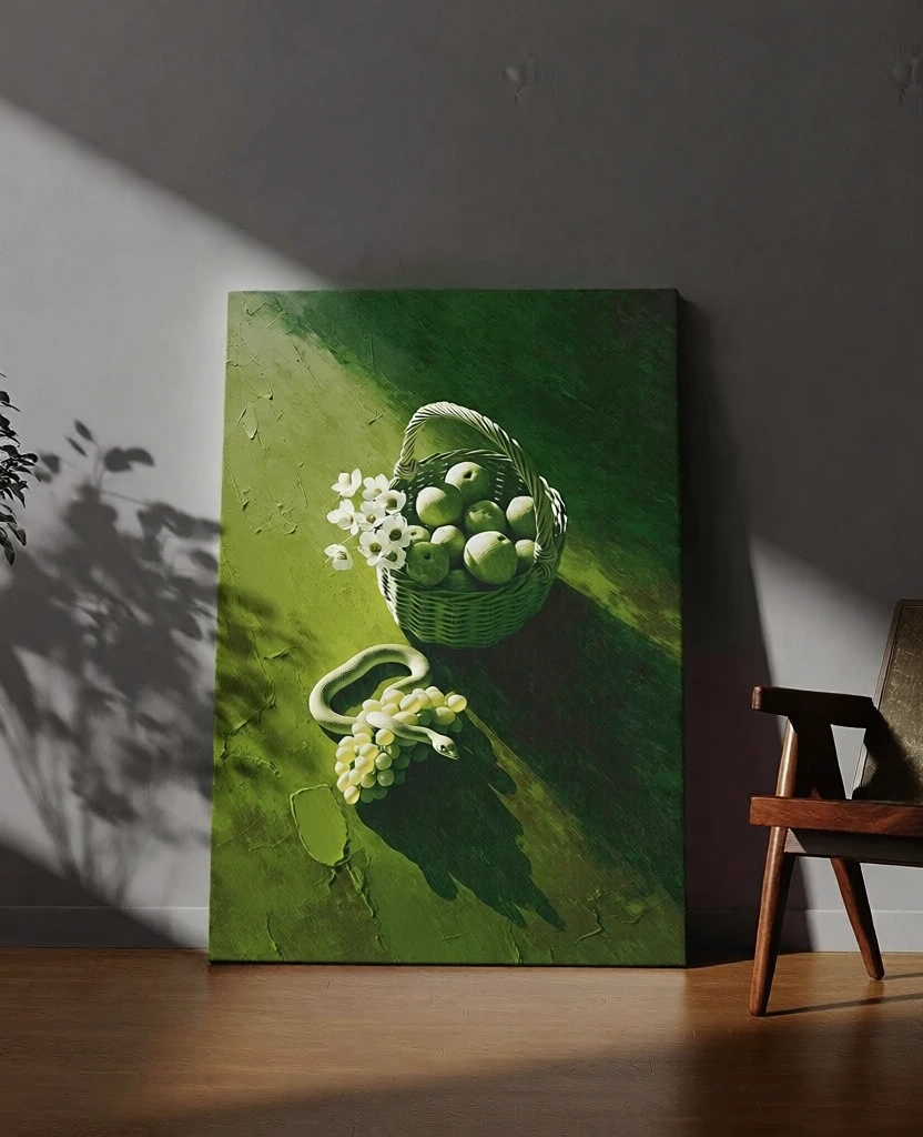 minimalist studio interior, vertical canvas leaning against a dark grey wall on hardwood floors, plant foliage shadow on the left, mid-century chair on the right, bird’s-eye view painting of a woven wicker basket with fruit and flowers, a snake coiled over grapes, heavy impasto texture, monochromatic green color story, dramatic directional lighting from the left casting long shadows to the right, expressive painterly style, high-contrast composition, sophisticated moody atmosphere