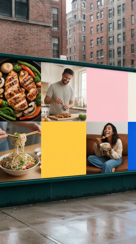 A long outdoor billboard on a wet concrete sidewalk displays a multi-panel collage alternating lifestyle photography with solid off-white, pink, yellow, and blue blocks. The photo panels feature an overhead view of grilled chicken and vegetables, a smiling man seasoning food in a bright kitchen, hands tossing a noodle salad with chopsticks, and a joyful woman eating on a brown leather sofa. The dark green metal display structure sits against a backdrop of dense urban brick buildings.