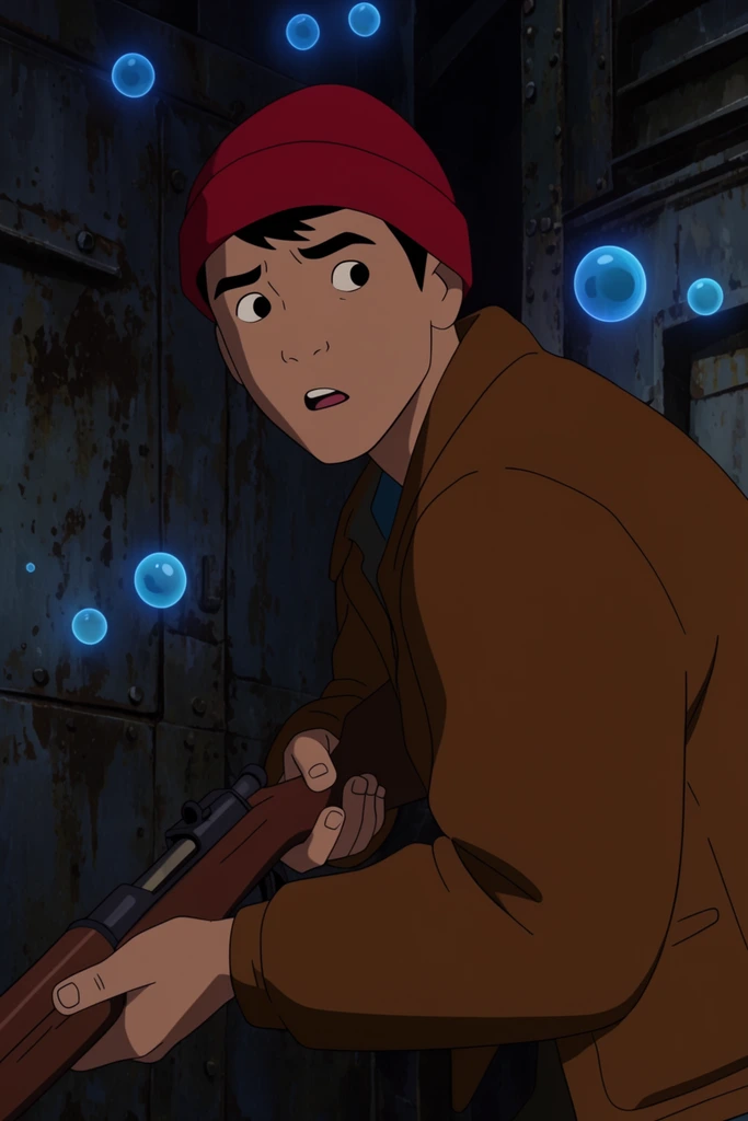 A young man rendered in a 2D animation style wears a red beanie and brown jacket, looking back in surprise while gripping a wooden-stocked rifle. Glowing translucent blue spheres float around him against dark, heavily weathered metal walls in a dimly lit industrial setting.
