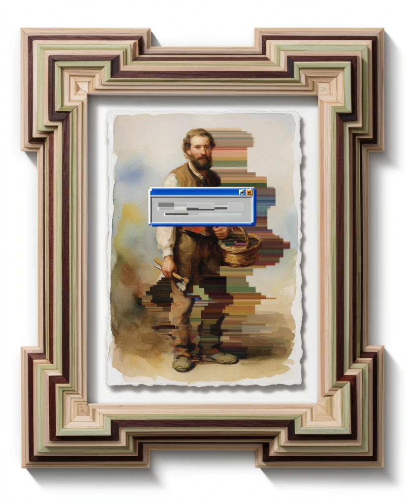 A framed, mixed-media artwork centering on a classical, 19th-century style oil painting of one bearded man holding one tool and one basket, rendered in soft, earthy tones and painterly brushstrokes. Rigid, horizontal bands of digital pixel-stretching glitch effects aggressively distort the man's form, dragging the painted colors laterally across the composition in flat, geometric stripes. A pixelated, retro computer operating system dialog box featuring a vibrant blue title bar and a light gray body floats anachronistically over the painted scene. The painting rests on thick watercolor paper with rough, deckled edges, floating above a pristine white mat board with a distinct, realistic drop shadow. This internal composition is encased in a highly complex, sculptural wooden frame characterized by deep, multi-layered geometric profiles and prominent stepped zig-zag corners constructed from alternating light beige, dark mahogany, and pale green wood segments. The entire physical framed object is evenly lit, casting crisp, directional drop shadows against a stark white gallery wall background.