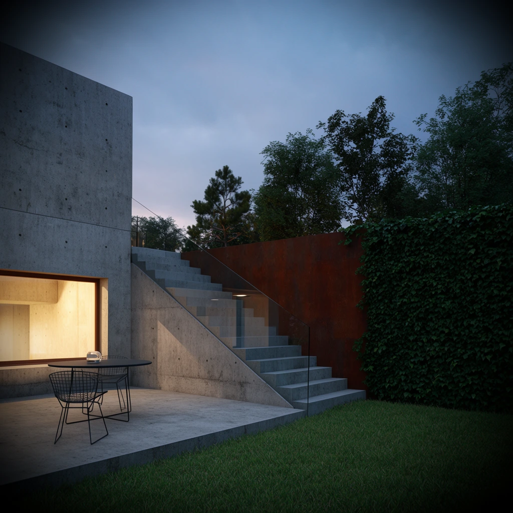 modern concrete architecture at dusk, glowing window with warm interior light, concrete patio with wire chair and round table, ascending concrete stairs with glass railing against rust-colored wall, lush lawn, ivy wall, trees, twilight sky, heavy vignette, photorealistic architectural rendering