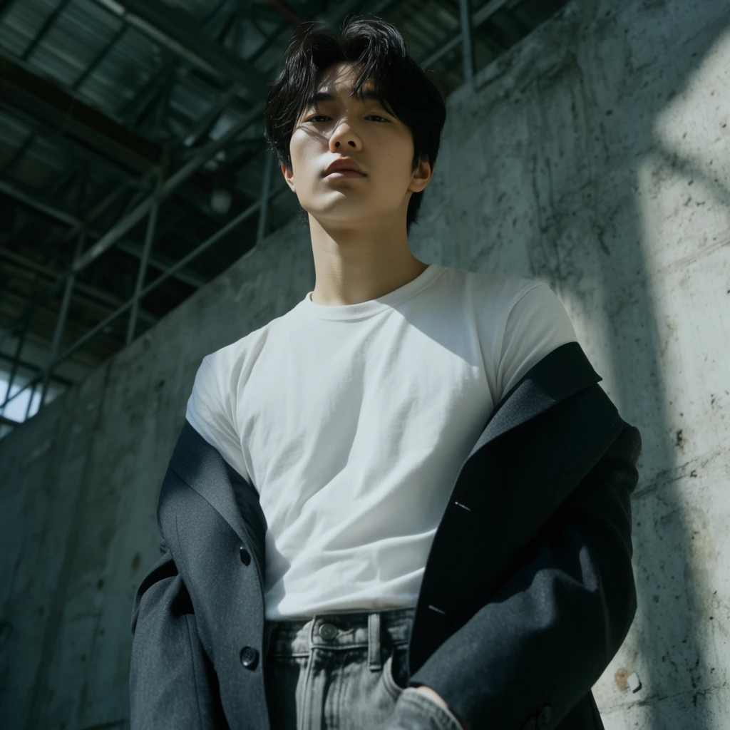A young East Asian man stands against a rough concrete wall in an industrial setting. Captured from a low-angle perspective, he features dark, slightly messy parted hair and an intense gaze directed at the viewer. He wears a plain white t-shirt and grey denim, with a tailored dark charcoal blazer slung casually off his shoulders and draped around his forearms. Harsh, directional sunlight cuts through the scene, casting a stark diagonal shadow across his neck and lower jawline. The background reveals an exposed metal ceiling structure, completing a gritty fashion editorial aesthetic with high-contrast, cool-toned cinematic lighting.