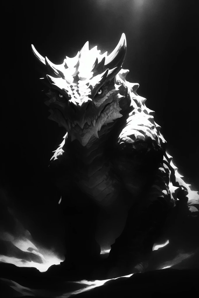 A towering fantasy monster creature with thick scales, jagged horns, and piercing eyes stands enveloped in an extreme high-contrast black and white monochromatic aesthetic. Intense chiaroscuro lighting casts stark, luminous white highlights across the creature's prominent facial ridges, heavily textured upper torso, and the sharp edges of its horns, causing the deeply shadowed portions of its massive form to merge seamlessly into a solid, pitch-black background void. A piercing, directional top-down light source creates heavy rim lighting along the upper crest of the beast, emphasizing its rugged contours and intimidating anatomy against the darkness. The surrounding environment consists of a deep, inky black expanse, featuring a few faint, wispy ground formations at the creature's feet catching narrow slivers of the stark light. The visual treatment utilizes velvety, smooth tonal transitions within the brightly illuminated zones juxtaposed directly against absolute solid black negative space, resulting in a highly stylized, dramatic finish resembling high-fidelity charcoal illustration or ultra-contrasty low-key photography.