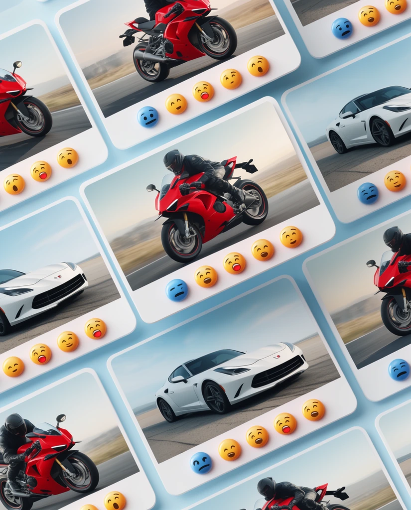 tiled grid of floating promotional flyers, alternating designs featuring a red sportbike and a white sports car, isometric perspective, rows of glossy 3D reaction icons, modern graphic design mockup, soft drop shadows, light blue background