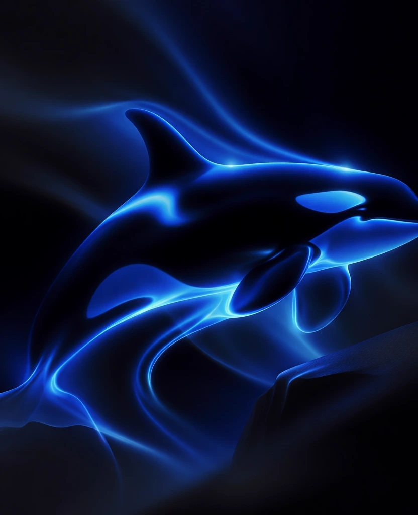 cinematic breach of a single orca sculpted from liquid obsidian and electric blue light, body defined by ethereal bioluminescent rim lighting and soft gradients, surrounding rocky outcrops rendered as dark silhouettes with sharp cyan highlights, fluid motion trails echoing the arc, deep monochromatic navy palette, high-contrast chiaroscuro atmosphere, soft-focus bokeh, sleek glass-like surfaces, minimalist composition, glowing ethereal aesthetic
