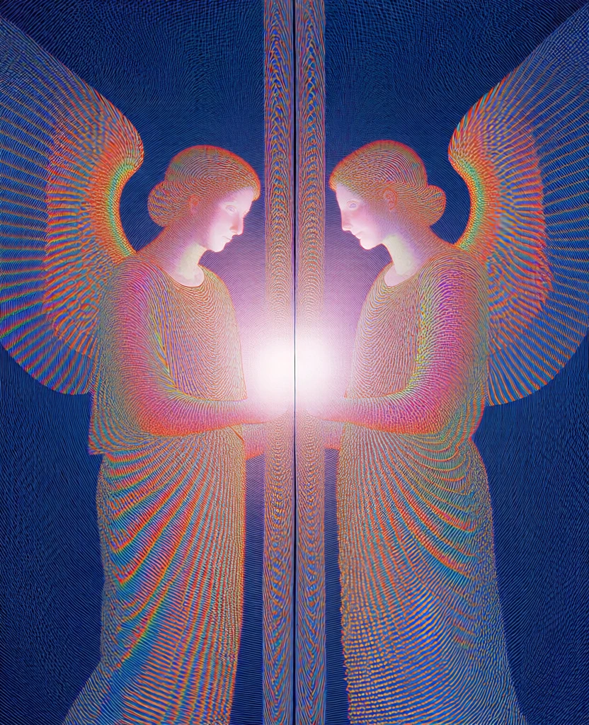 two winged human-like figures painted on twin wooden doors facing inward in draped garments, vertical decorative strip, central white luminous glow, all forms defined by hyper-dense vibrating moiré patterns, ultra-fine oscillating line work creating kinetic optical interference, high-frequency aliasing, vibrant rainbow neon spectrum against deep indigo, digital glitch-art aesthetic, shimmering frequency distortion, precise mathematical line-weight variations, kinetic op-art textures