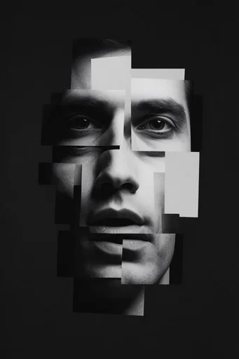 Fragmented Monochromatic Surrealism style reference image — digital glitch distortion