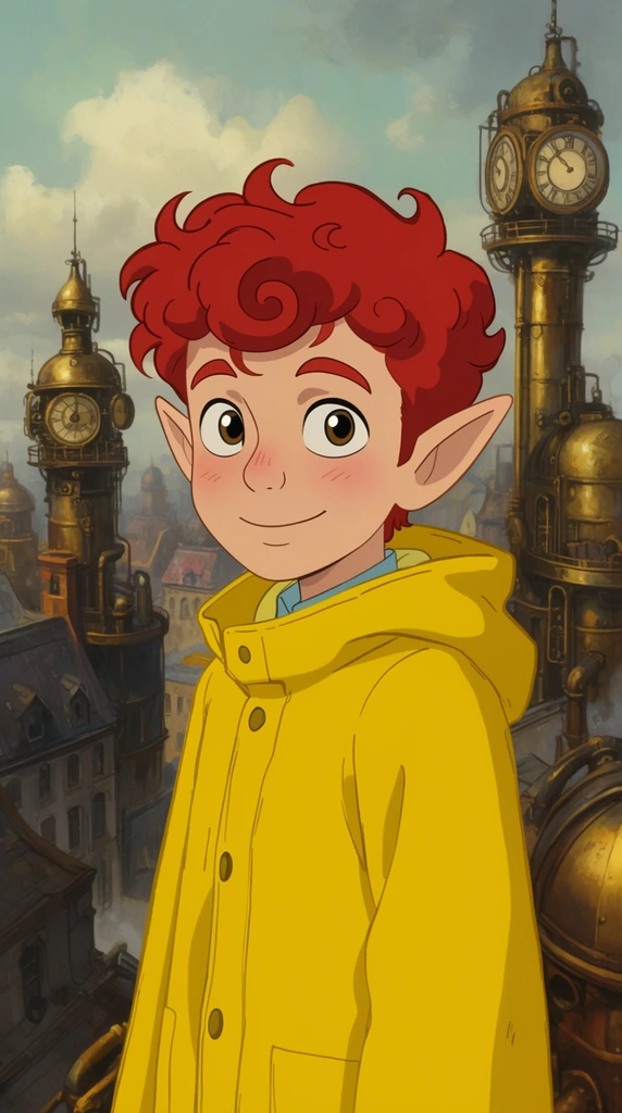 young male elf, curly red hair, vibrant yellow raincoat, gentle smile, large expressive eyes, looking off-camera, overlooking a steampunk cityscape, brass clock towers, aerial perspective, 2D animation style, painted background, soft lighting
