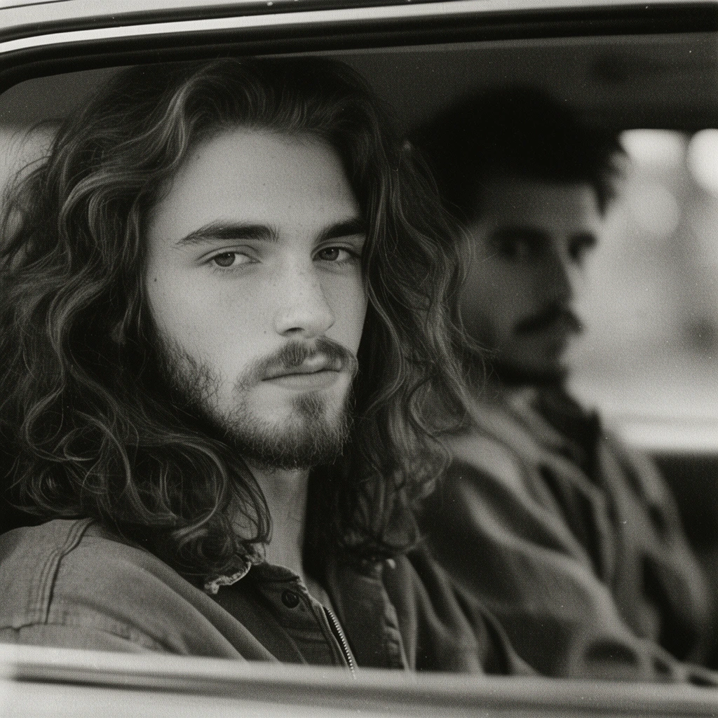 black and white portrait, young man with long wavy hair and beard gazing at camera, car interior, blurred second man in background, vintage film grain