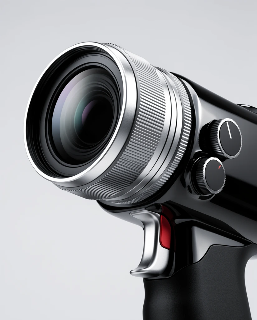 Sleek handheld camera, cylindrical silver and black lens with textured rings, glossy black body, side dials, metallic trigger with red accent, black pistol grip, light grey background, macro product photography