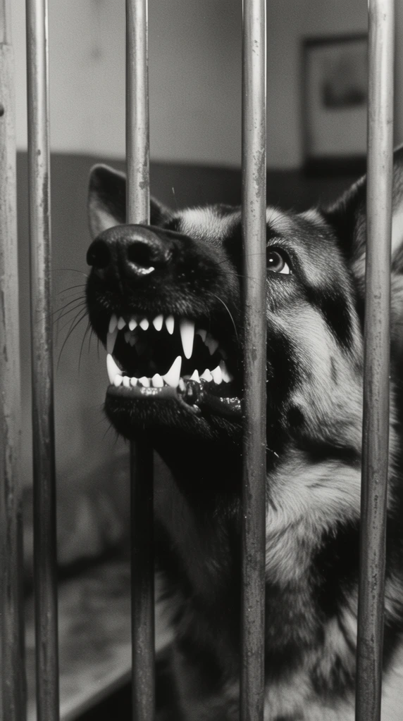 A snarling German Shepherd presses its face against vertical metal cage bars in a stark black-and-white photograph. The dog's dark muzzle curls back to expose sharp teeth in an aggressive growl, with eyes gazing sharply upwards. Thick cylindrical bars tightly frame the animal's head. Dramatic high-contrast lighting casts harsh shadows across the textured fur and smooth metal. A soft, out-of-focus interior wall forms the background, emphasizing the gritty vintage cinematic aesthetic.