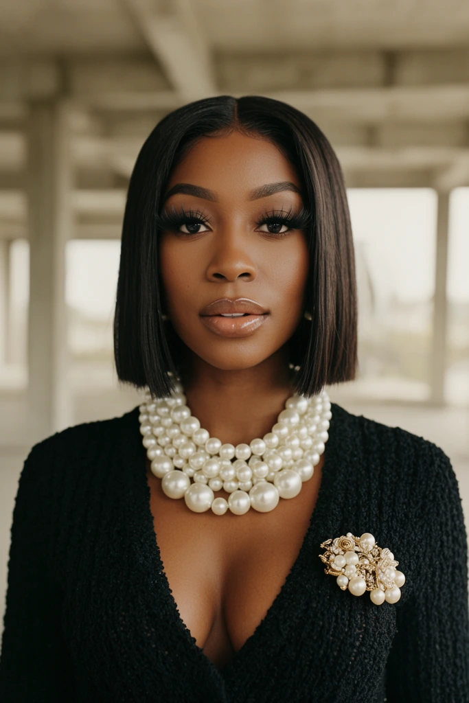 Close-up portrait of a confident Black woman looking directly at camera, straight dark bob haircut parted in the middle, dramatic eyelashes and glossy nude lips, textured black knit top with deep V-neckline, chunky layered white pearl necklace, decorative gold and pearl brooch on lapel, soft cinematic lighting, shallow depth of field, blurred background of unfinished concrete architectural structure, muted beige and gray tones, fashion editorial photography