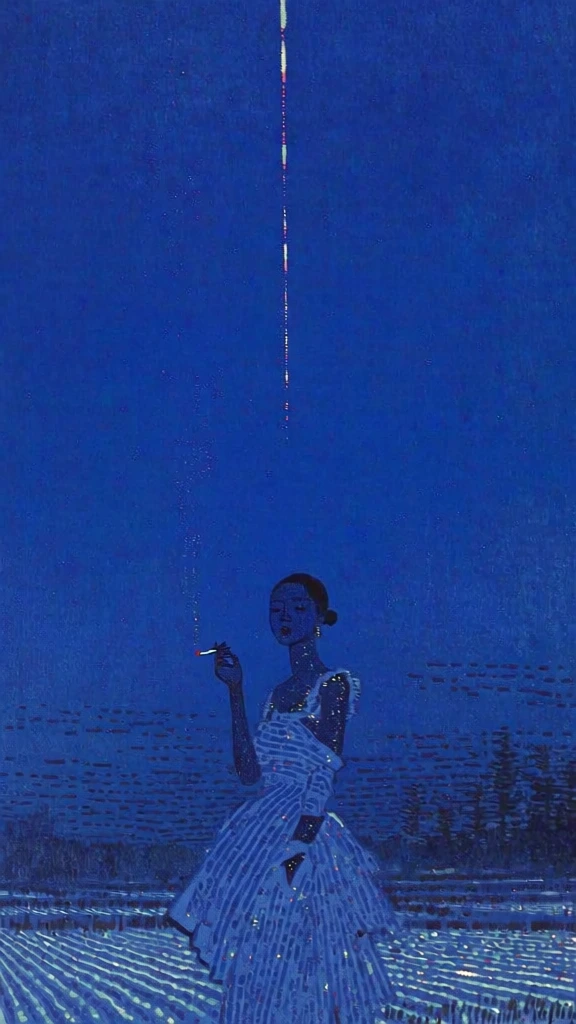 full-shot of a black woman centered against a vast deep cobalt blue twilight sky, wearing a sculptural avant-garde dress and holding a lit cigarette, japanese woodblock print style with heavy stippled texture and grainy atmosphere, a thin vertical broken light trail cutting through the negative space above her, monochromatic ultramarine palette, low horizon line with patterned winter fields and distant tree silhouettes, atmospheric, ethereal, minimalist composition, moody.