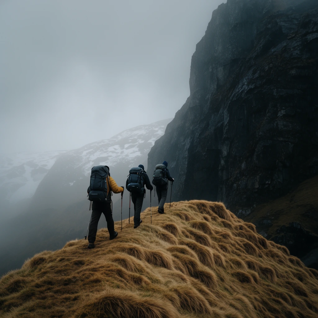three hikers single file on narrow tufted grassy ridge, heavy backpacks, trekking poles, facing massive dark rock cliff, distant snow, heavy fog, dramatic overcast landscape photography
