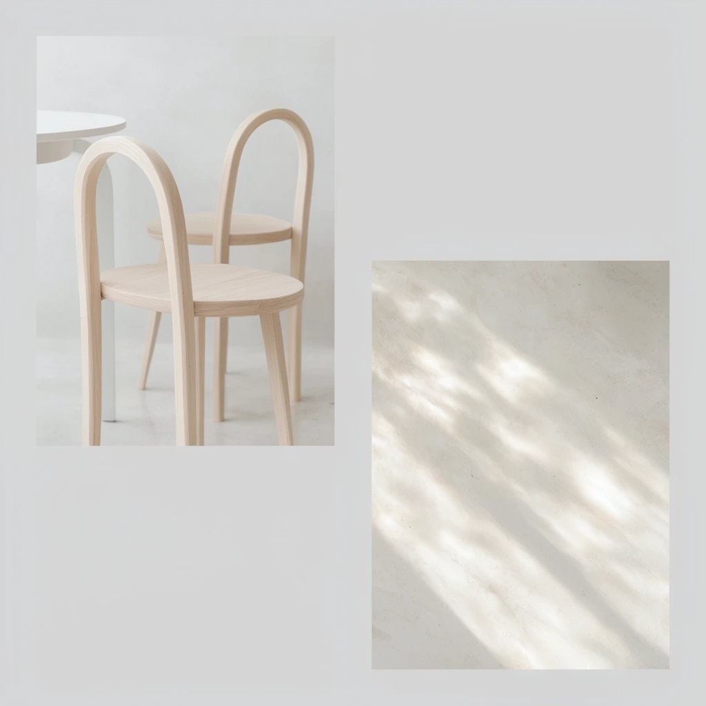 minimalist collage on light grey, top left inset of two pale wood arched chairs beside a white table, bottom right inset featuring an abstract off-white textured surface with dappled diagonal sunlight and soft shadows, serene neutral color palette