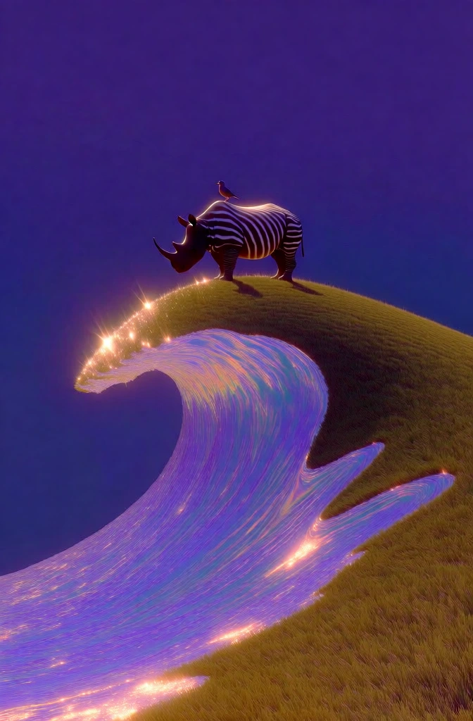 surreal minimalist digital art, a rhinoceros with bold horizontal stripes standing atop a steep grassy hill shaped like a cresting wave, a small bird perched on its back, vibrant iridescent purple and pink flowing textures along the slope, warm golden light sparkles outlining the ridge, deep solid violet sky background, soft textured grass, dreamlike aesthetic, high contrast, sleek cgi execution, elegant curves, atmospheric lighting, ethereal glow