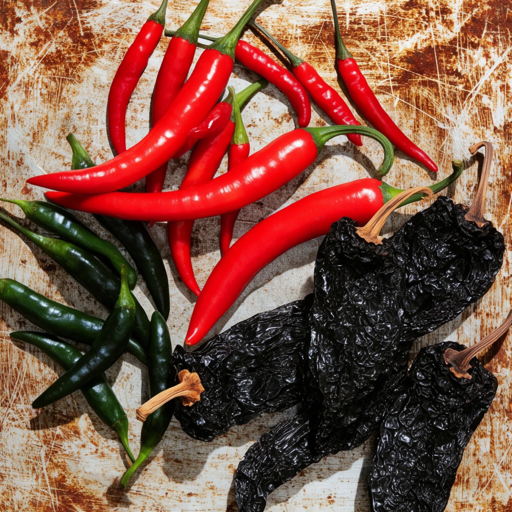 flat lay of assorted fresh and dried chili peppers on a rusty scratched metal surface, bright red and dark green fresh chilis, deeply wrinkled black dried peppers, top-down perspective, hard direct lighting, sharp shadows, high contrast