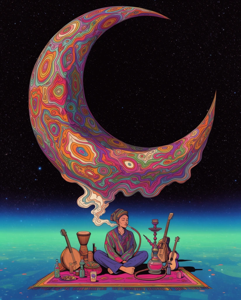 gigantic psychedelic patterned crescent moon in starry space, seated figure on floating mat smoking hookah, smoke connects to moon, clustered musical instruments, glowing turquoise horizon, surreal vibrant line art
