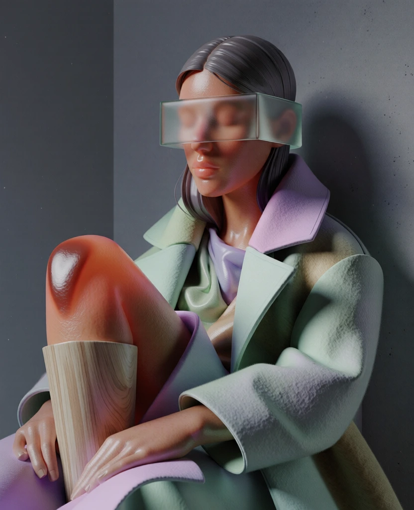 a hyper-detailed 3d render of a woman in a heavy matte mint wool coat sitting in a minimalist concrete corner, translucent frosted glass blindfold, soft terracotta sub-surface scattering glow at a knee wound, tactile material interplay of woven fabric and polished light wood, desaturated pastel palette of lavender and sage, soft-focus studio lighting, global illumination, macro depth of field, subtle film grain, octane render aesthetic, minimalist high-concept surrealism.