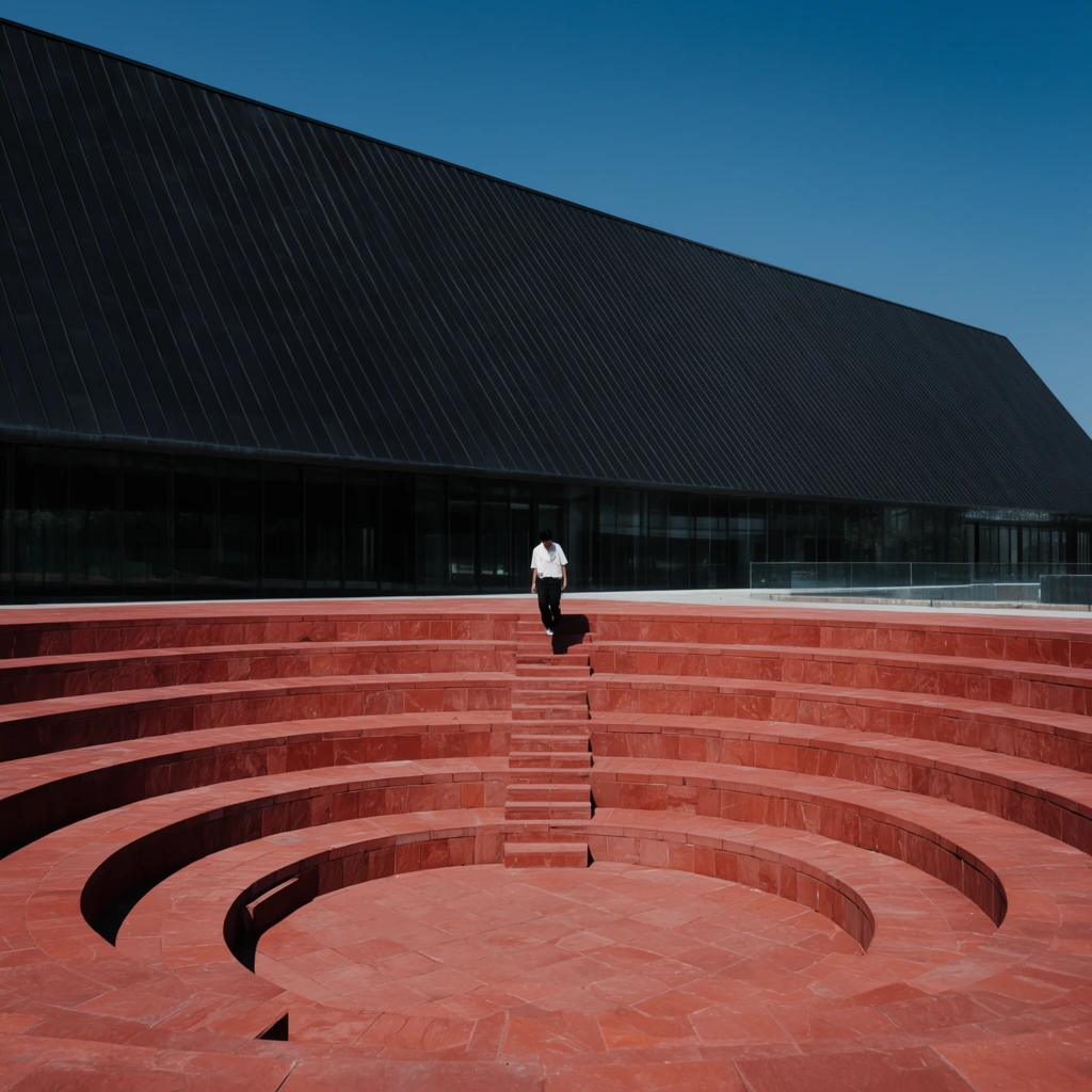 tiered red stone circular amphitheater, sunken central pit, lone figure descending steps, sharp shadow, glass building background, dark sloped roof, clear blue sky, high contrast geometric architecture, harsh daylight