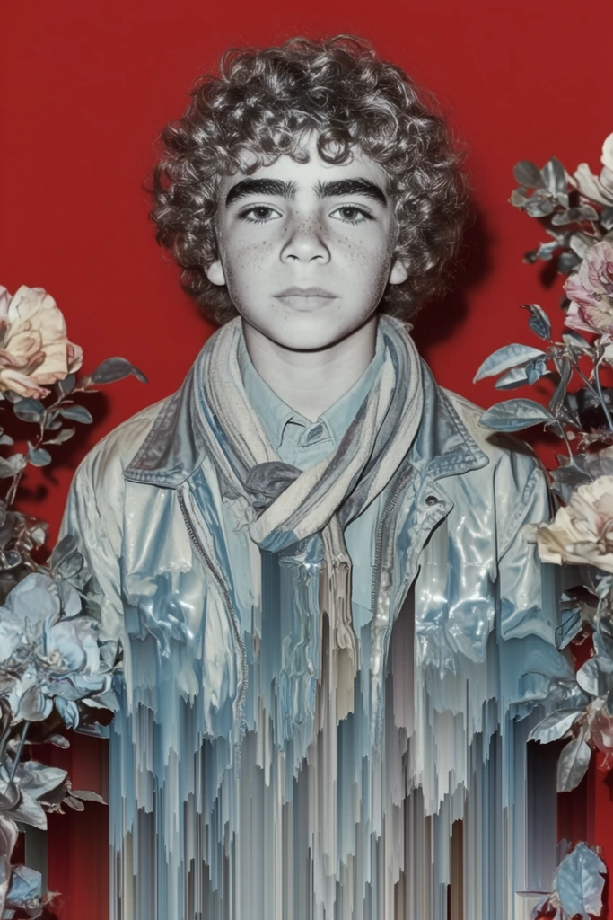 A centered, chest-up portrait of a boy with curly hair, thick eyebrows, and freckles, wearing a collared shirt, a scarf, and a jacket, flanked by partial flowers and leaves along the left and right edges. The composition is grounded against a solid, vibrant crimson-red background. The subject and surrounding botanicals feature a stark, desaturated color palette of cool silvery-blues, pale cyans, and muted beiges, illuminated by harsh, direct frontal studio flash lighting that creates high contrast and glossy highlights. A pronounced, downward digital pixel-sorting glitch effect heavily distorts the lower half of the image. Sharp, vertical datamoshed streaks pull the visual data of the boy's jacket, scarf, and the lower flora downward like melting liquid. These elongated, glossy digital drips drag the icy, cool tones of the subject straight down in rigid vertical bands, masking the bottom portion of the frame in severe digital artifacting over the flat red backdrop.