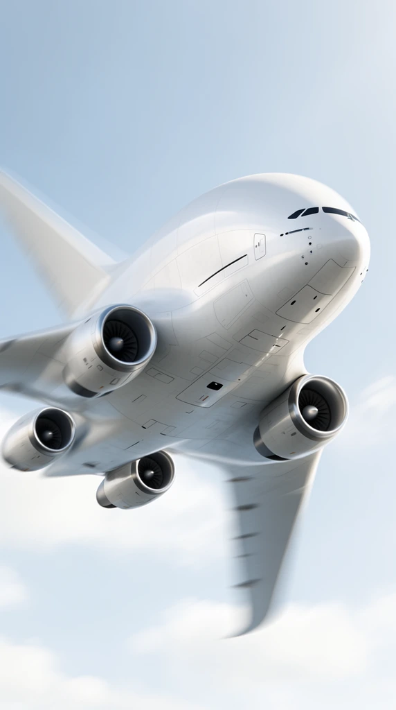 futuristic white bulbous aircraft in flight, blended wing body, four jet engines, motion blur on swept wings, pale blue sky, bright daylight concept art