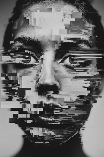 Monochrome Glitch Fragmentation style reference image — high-contrast monochrome