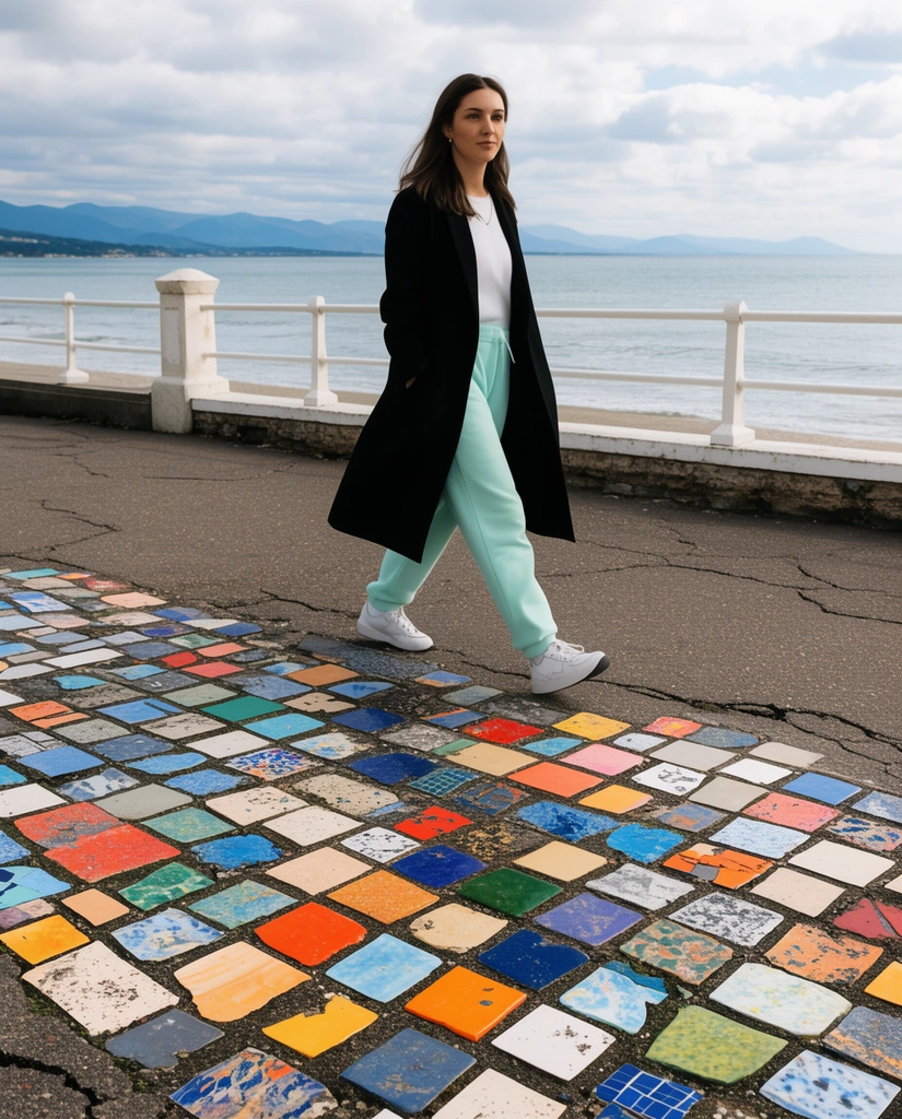 A woman in a black coat and mint sweatpants walks along a coastal promenade. In the foreground, cracked asphalt is filled with vibrant square mosaic tiles. A white railing separates the path from a calm sea and distant mountains under a cloudy sky. Candid daylight photography.