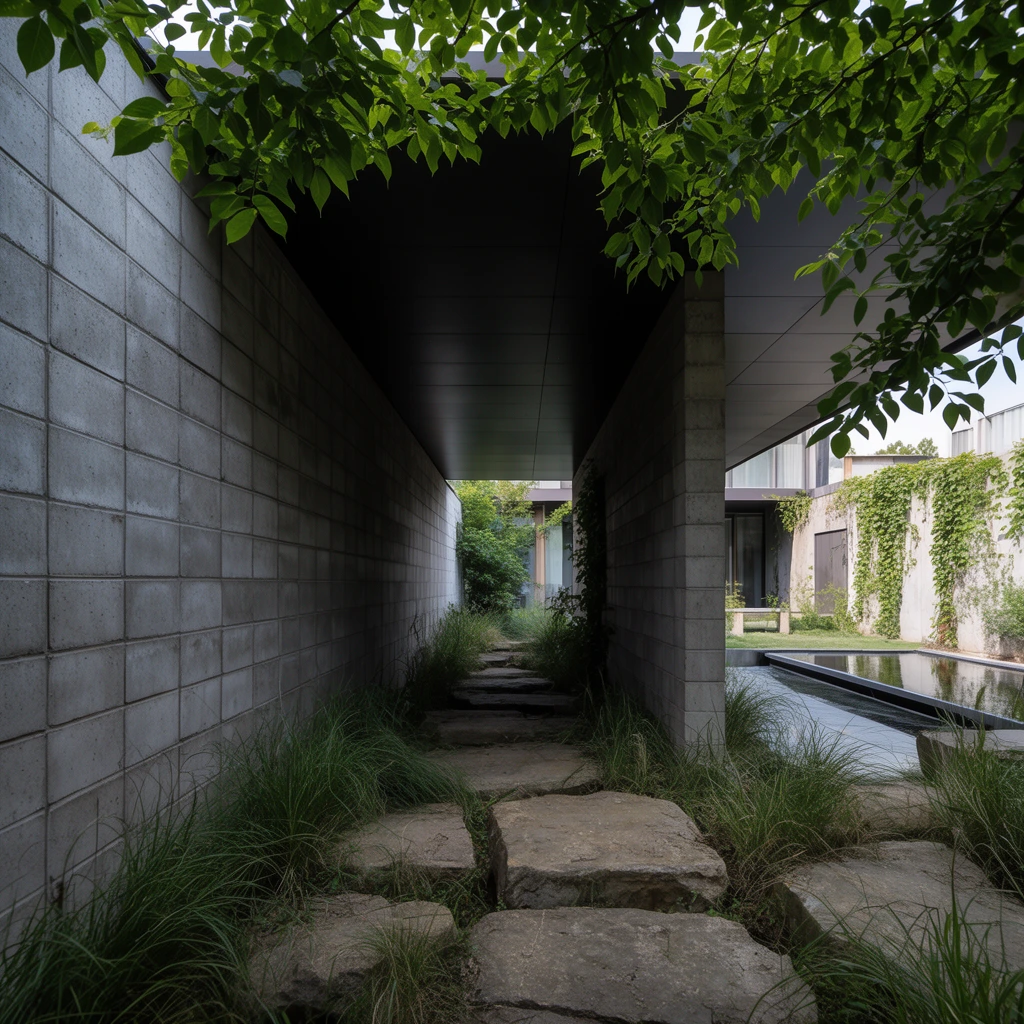 A modern architectural breezeway frames a tranquil inner courtyard using a one-point perspective. A path of large, irregular stone pavers leads through a shadowed corridor, bordered by a stark gray concrete block wall. Wild green grasses grow freely between the stones. A dark, flat roof canopy overhead casts deep shadows, while lush, overhanging green branches frame the top edge. In the background, bright daylight illuminates a minimalist reflection pool, climbing vines, and modern structures. The scene balances raw concrete textures with overgrown organic elements in natural lighting.