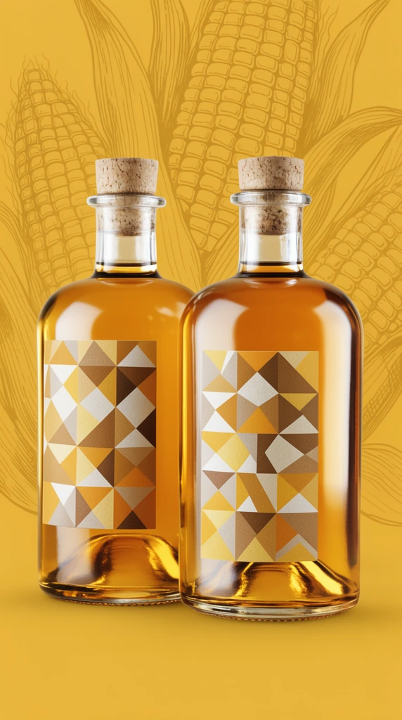Two glass liquor bottles filled with golden amber liquid, natural cork stoppers, geometric paper labels, solid mustard yellow background featuring a faint line-art illustration of corn stalks and cobs, studio product photography, soft diffused lighting, bright reflections on curved glass, monochromatic warm golden color palette, clean modern composition