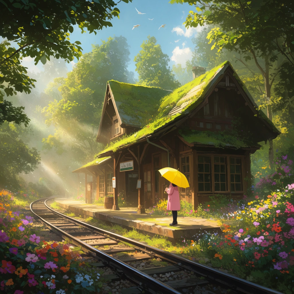 A serene forest railway station bathed in warm sunlight. Train tracks curve toward a rustic wooden building with a mossy green roof. A figure in a pink coat stands on the platform holding a bright yellow umbrella. Lush trees and blooming flowers surround the structure. Sunbeams pierce misty air, highlighting vibrant foliage. The scene is framed by leafy branches against a blue sky with flying birds. The visual style is a highly detailed digital painting.