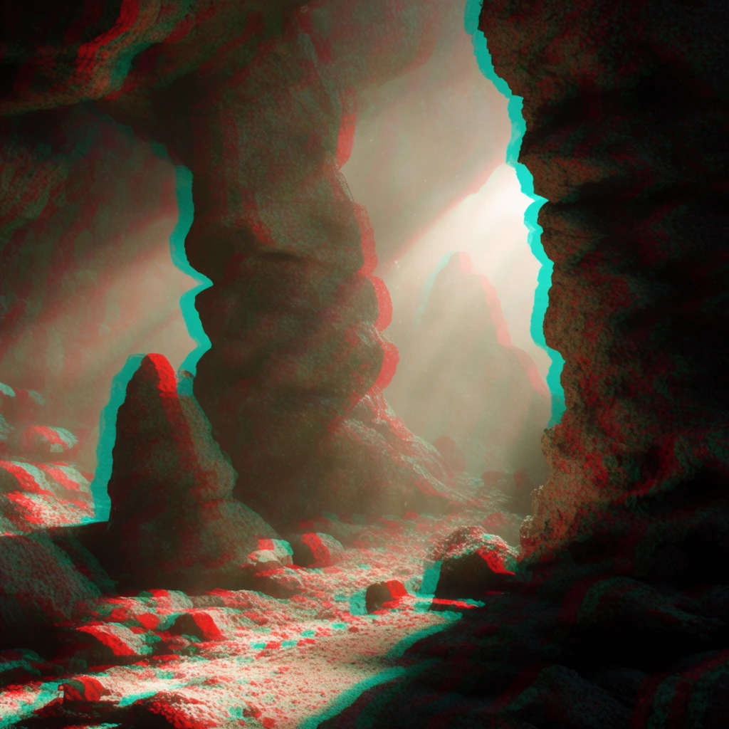 A rocky cavern landscape distorted by a stereoscopic red and cyan anaglyph effect. Bright light rays pierce dusty mist between granular stone pillars. Severe chromatic aberration fringes the jagged formations, creating a gritty, atmospheric scene with deep shadows and a hazy, bright background.