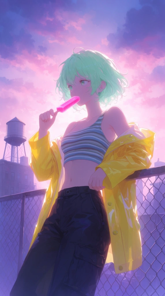 An anime-style illustration of a young woman with short, messy mint-green hair eating a bright pink popsicle on an urban rooftop. The figure wears a vibrant yellow raincoat draped loosely off her shoulders over a striped crop top and dark cargo pants. She holds the glowing popsicle near her lips, resting casually against a metal chain-link fence. Behind her, a distant water tower and building silhouettes rise against a twilight sky filled with cotton-candy pink and deep violet clouds. The artwork features a soft, luminous pastel color palette and strong backlighting that creates a prominent glowing rim effect around her silhouette, emphasizing a serene, ethereal atmosphere with highly detailed environmental lighting.