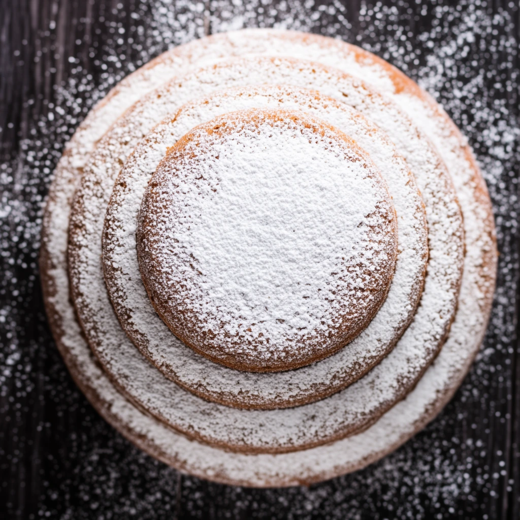 Top-down view of a round three-tiered cake heavily dusted with powdered sugar, dark textured wooden surface, scattered white sugar flakes, macro food photography