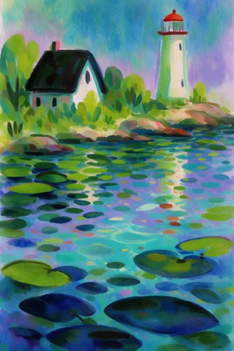 Whimsical Impressionist Waterscapes style reference image — shimmering water reflections