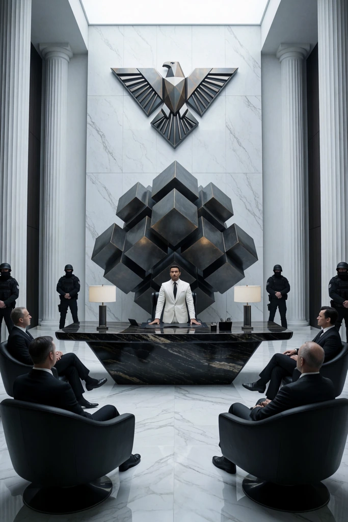 A grand modernist office featuring a man in a white suit standing behind a massive obsidian desk, addressing civilians seated in curved black chairs. Behind him is a large dark metal cubic sculpture and a geometric metallic falcon emblem. Tall white columns and security guards in black gear frame the room. Cinematic wide shot, cool sterile lighting, polished marble floor.