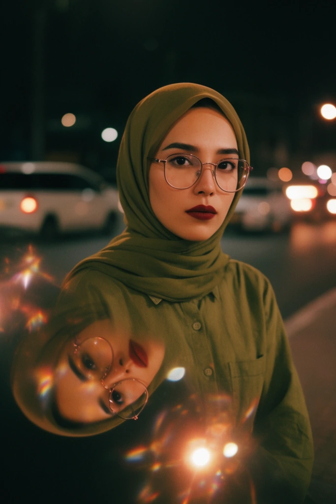 A night portrait of a woman wearing an olive-green hijab, matching button-up shirt, wire-rimmed glasses, and dark red lipstick staring directly forward. In the bottom-left foreground, a distorted reflection of her face blends with blooming, warm-toned lens flares across a dark surface. The background is a dark street featuring blurred cars and glowing circular bokeh from distant lights. The cinematic image utilizes a shallow depth of field, soft film grain, and a moody palette of olive, warm amber, and deep shadows.
