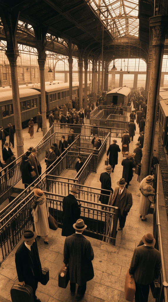 1920s industrial train depot, high angle wide shot, passengers in vintage attire navigating maze-like metal railings, tall columns, warm sepia tone