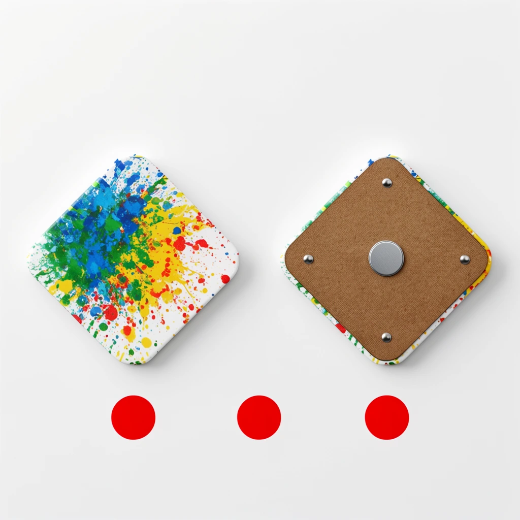 two diamond-shaped objects side-by-side on a seamless white background, left diamond displaying a vibrant multi-colored paint splatter pattern of blue green yellow and red on a white surface, right diamond showing the reverse side with a brown textured backing material and a central circular silver magnet surrounded by four small metallic rivets, three solid red circles positioned underneath the diamonds in a horizontal row, flat lay photography, bright studio lighting, clean minimal product mockup composition