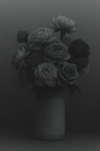 Stippled Noir Grain style reference image — high contrast black and white