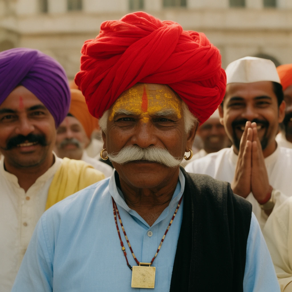 older South Asian man with thick white mustache, bright voluminous red turban, yellow forehead markings, gold hoop earrings, square pendant necklace, light blue shirt, black shoulder shawl, surrounded by smiling men in traditional attire, man on left in purple turban, man on right in white cap with hands pressed in greeting, cinematic medium shot, warm natural lighting, shallow depth of field, 35mm film aesthetic