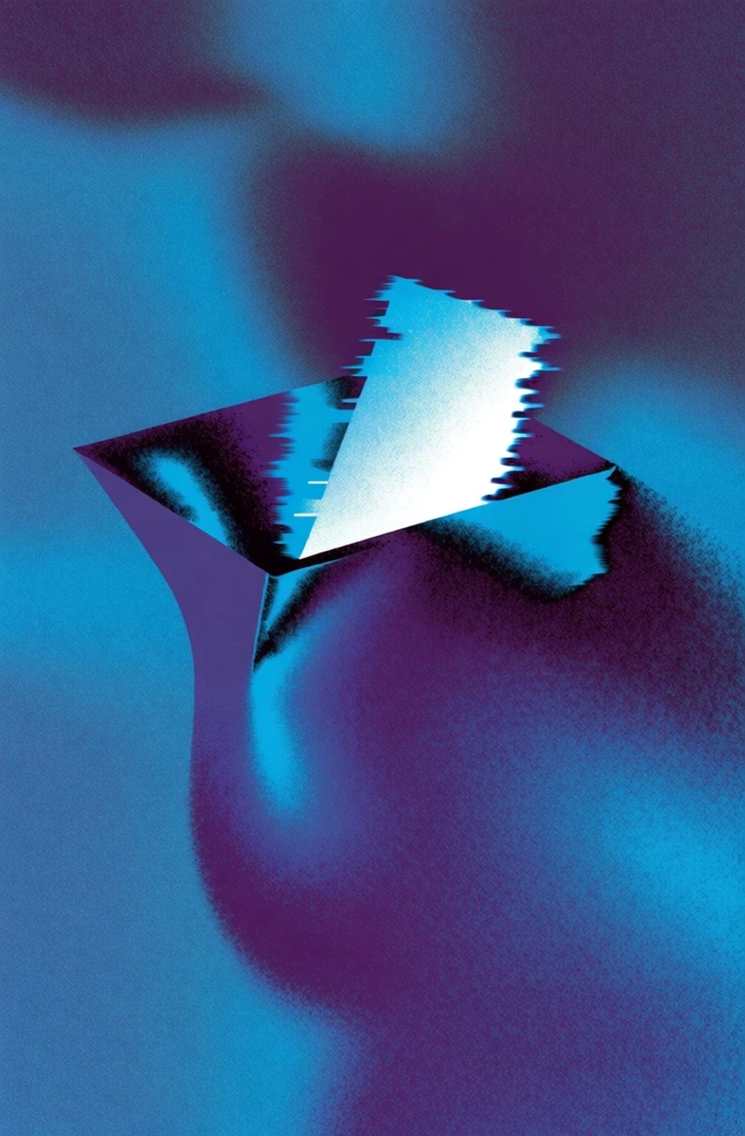 low-fidelity surrealist digital art, heavy stippled grain and noisy airbrushed textures, deep indigo and royal purple shadows, vibrant cyan highlights, dramatic chiaroscuro lighting, a sharp 3d extruded angular vessel-like shape containing a solid rectangle with pixelated aliased edges, juxtaposed against a soft blurred background of organic gradients, retro-digital vaporwave noir aesthetic, high contrast, moody cinematic atmosphere, thick digital noise, stippled shadows