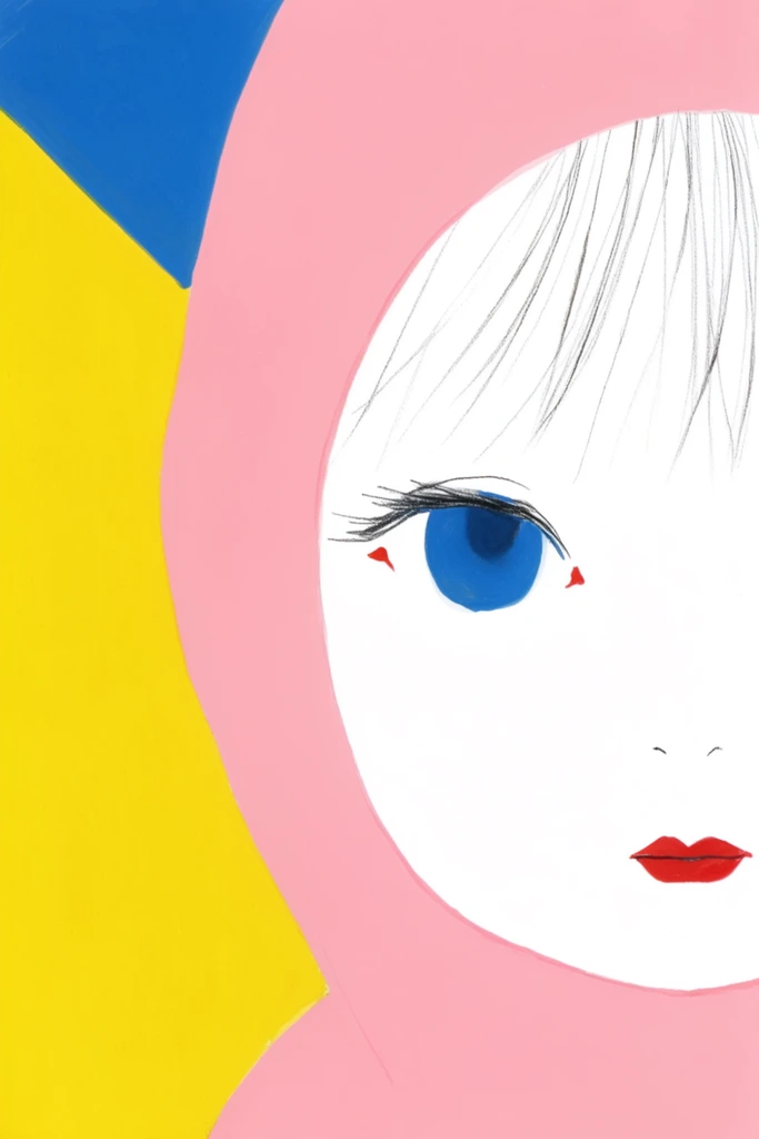 A highly cropped, minimalist portrait of a stark white face framed by a smooth pink hood against a bright color-blocked background. The asymmetrical composition reveals only the left side of the face, focusing on a large blue eye with sketchy black eyelashes and tiny red corner accents. Thin, sparse black hairs fall across the forehead above small, distinct red lips. The flat background features a vibrant yellow field on the left bordered by a sharp blue wedge in the upper corner. The graphic aesthetic contrasts delicate, pencil-like facial linework against broad fields of solid color.