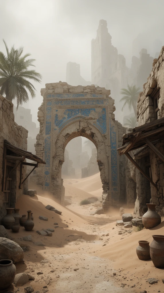 ancient desert ruins engulfed by sand dunes, crumbling central stone archway with faded intricate blue tilework, dilapidated stone buildings with wooden awnings, scattered clay pots, atmospheric haze, distant towering ruined structures in fog, sparse palm trees, photorealistic 3D environment design, cinematic wide-angle shot, soft diffused lighting, muted earthy color palette