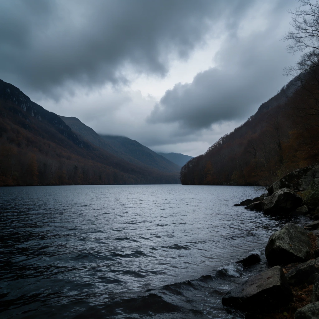 dark rippling lake surrounded by steep mountains, dense slopes of bare autumn trees, heavy overcast sky with thick brooding grey clouds, rocky shoreline with sharp boulders in the right foreground, moody landscape photography, muted color palette of steely blues and deep earth tones, soft diffused lighting, wide-angle perspective