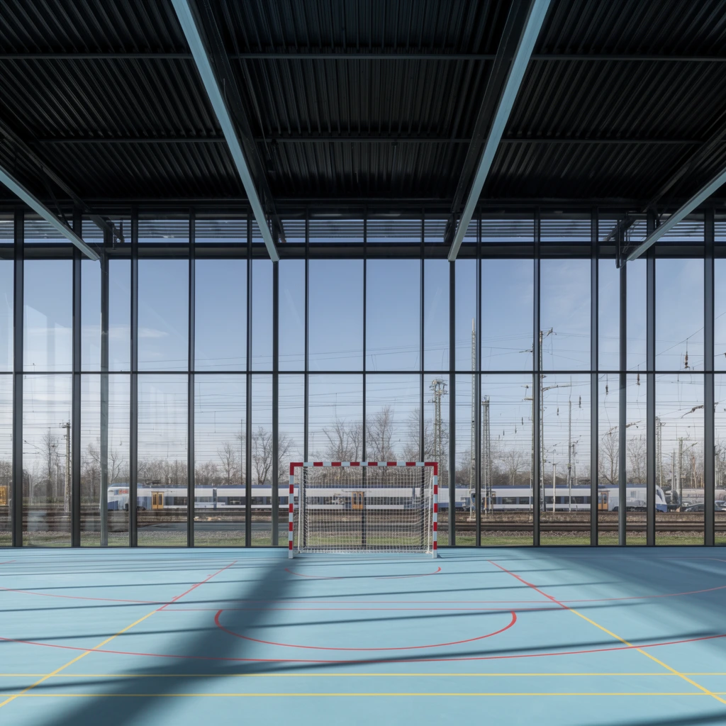 empty indoor sports hall, light blue floor with red and yellow court lines, stark diagonal shadows, floor-to-ceiling glass wall, dark metal frames, red and white striped goal net, exterior view of train tracks and passing passenger train, overhead wires, bare trees, dark corrugated metal ceiling, bright daylight, architectural photography, symmetrical composition
