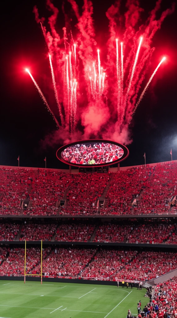 A massive outdoor sports stadium at night filled with thousands of spectators wearing red. Bright red fireworks and thick smoke trails explode in the dark sky above a large central oval video board showing a crowd. Below the multi-tiered seating, a green grass field with white boundary lines and a yellow goalpost is visible. The scene is illuminated by an intense red glow from the pyrotechnics and stadium lights.