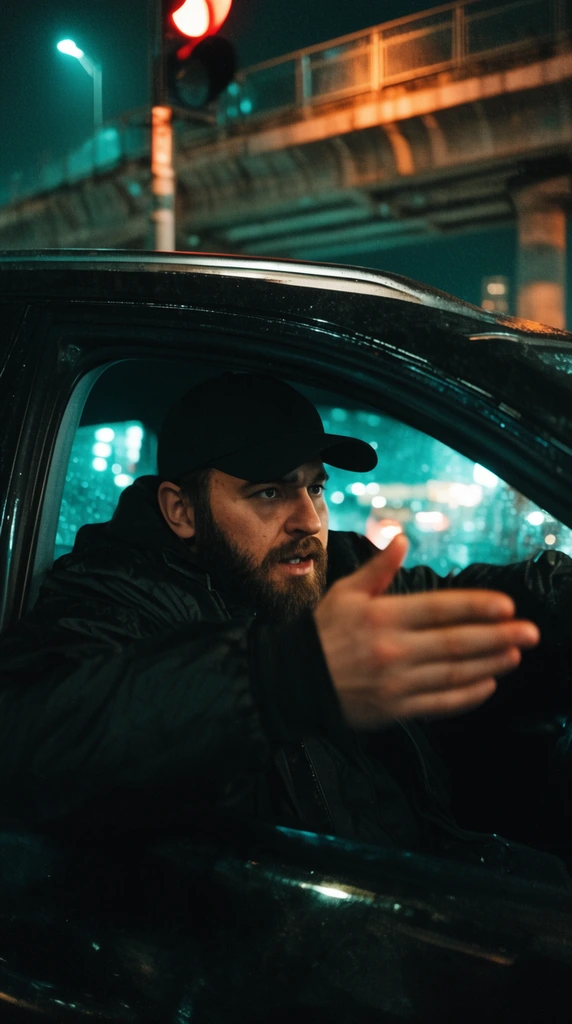 A bearded man in a black cap and jacket sits in a dark car at night, gesturing forward with a motion-blurred hand. Through the window, glowing teal and orange city lights, a red traffic light, and an elevated overpass illuminate the background. Shot in a gritty cinematic style with high contrast.