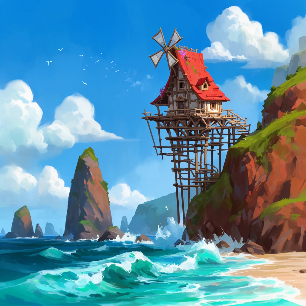 rustic stilt house with red roof and small windmill extending from a rugged coastal cliff, intricate wooden scaffolding, crashing turquoise ocean waves, jagged sea stacks, bright azure sky with cumulus clouds, distant flying birds, vibrant color palette, digital painting, painterly brushstrokes, idyllic wide landscape